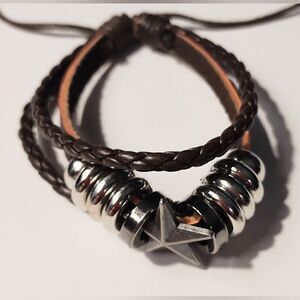 Men's bracelet leather star braided layered brown new d85
